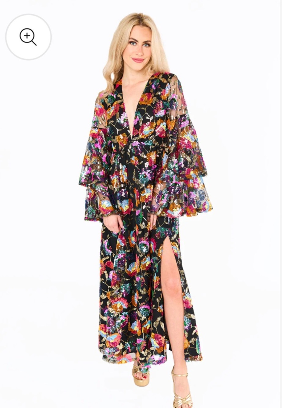 Black Floral Sequin Maxi Dress with Ruffled Sleeves